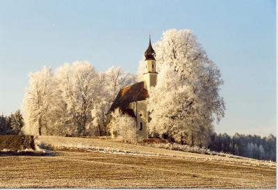 Kirche umgeben von mit Reif überzogenen Bäumen