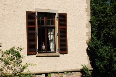 Schloss Landsberg zu Ratingen, edles Porzellan im Fenster