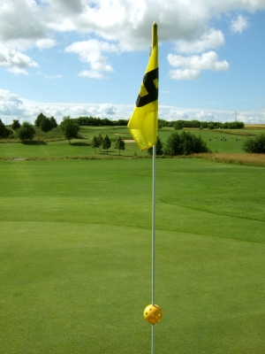 Golfplatz mit Grün und Flaggenstock