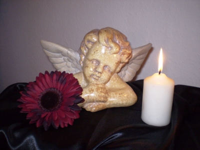 Engel auf Black Satin mit Blume