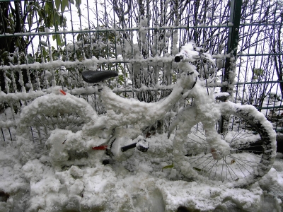 Schneekunstwerk...oder ein zugeschneites Fahrrad