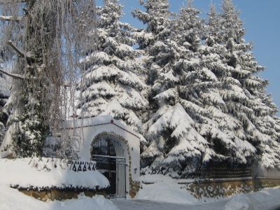 Eingangstor inmitten von schneebedeckten Tannen