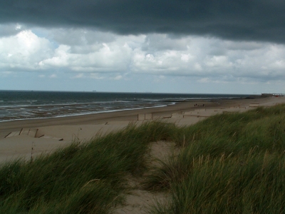 Gras, Strand, Meer und Wolken an der Nordsee