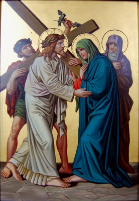 Jesus trifft auf dem Weg zur Kreuzigung seine betrübte Mutter