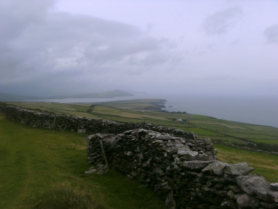 Irland: Trockenmauer und Landschaft / Meer