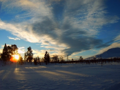 Sonnenuntergang über norwegischem Schneefeld