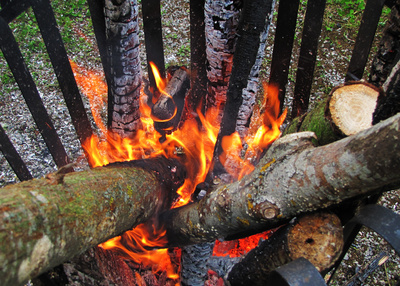 Feuerkorb mit Holz und Glut