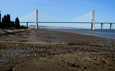 Tejo-Brücke bei Ebbe (Lissabon)
