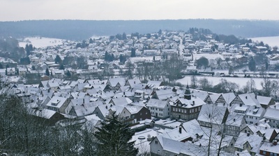 Die Kloster-Burgstadt Helmarshausen an der Diemel (Weserbergland / Nordhessen) im Winter