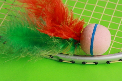 Ball mit Federn auf Badmintonschläger