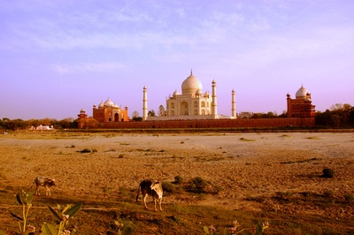 Sonnununtergang am Yamuna Flussufer gegenüber des Taj Mahal  3