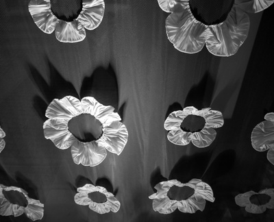 Vorhang mit Blüten in Schwarz-weiß