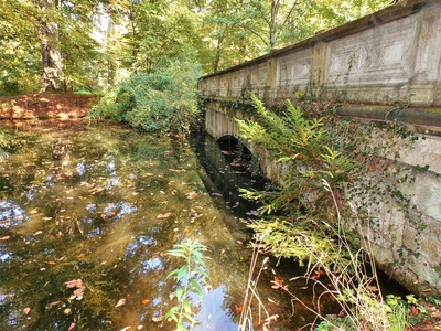 Kleine Brücke über Teich im Schlosspark Albrechtsberg