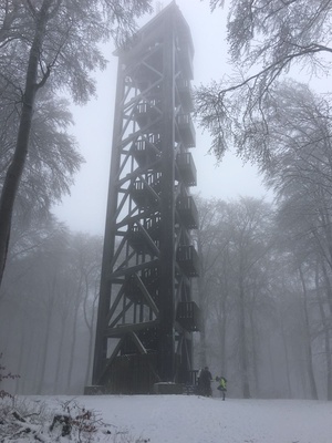 Holzturm im Nebel