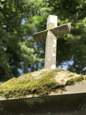 Kreuz auf altem Grabstein mit Moos / Foto: Alexander Hauk