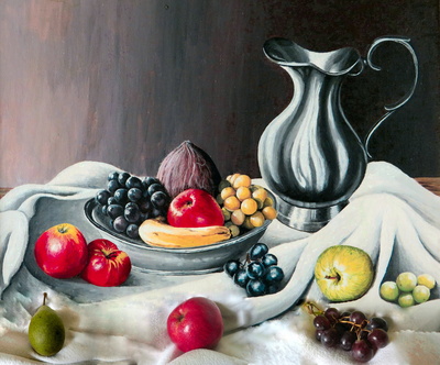 Collage mit einem selbst gemalten Bild und echtem Obst!
