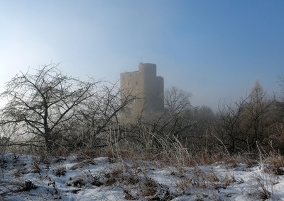 Burgruine  mit Eis und Nebel