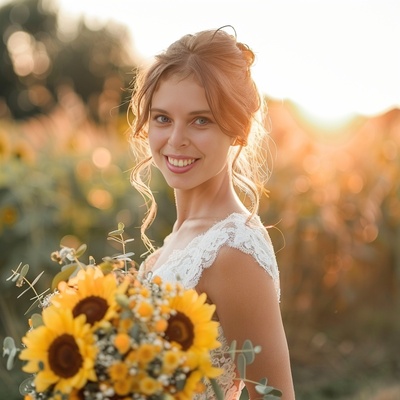 Braut im Sonnenblumenfeld