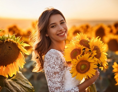 Frau im Sonnenblumenfeld