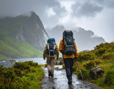 Wanderer bei stürmischem Regenwetter Wanderer bei stürmischem Regenwetter