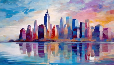 Abstrakte skyline of New York behind the Hudson River, as a gallery oil painting.