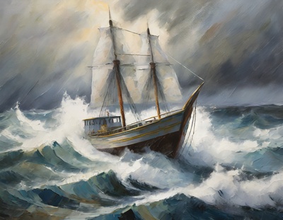 Kleines Boot im Meer bei stürmischen Wetter mit hohem Seegang Kleines Boot im Meer bei stürmischen Wetter mit hohem Seegang