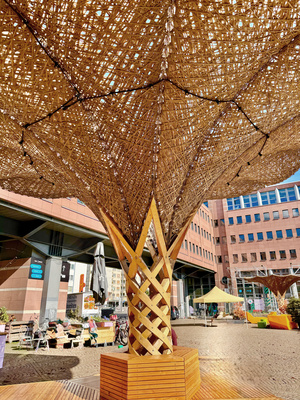 Innovativer Schattenspender in Holz-Flechtkunst Innovativer Schattenspender in Holz-Flechtkunst